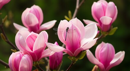 Obraz premium Pink magnolia blossoms with dragonfly