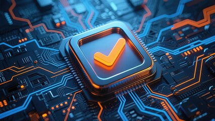 A glowing checkmark on a futuristic circuit board with illuminated pathways and electronic components.