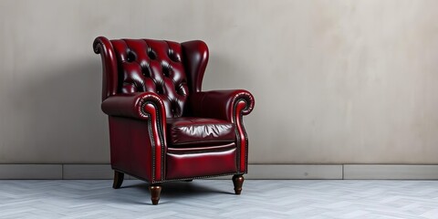 Deep crimson leather armchair, classic design, worn patina, decoration, chair