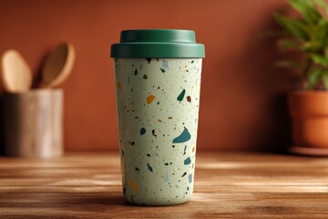 Eco-friendly reusable coffee cup with textured surface and lid