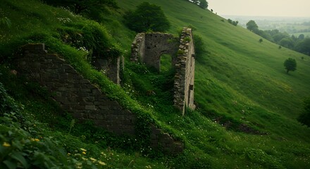 Ruined building in lush landscape