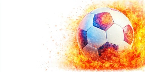 Naklejka premium Dynamic soccer football ball with fire flames. Power sport action with energy and heat. Dramatic explosion, artistic background, concept illustration, perfect for vibrant modern design.