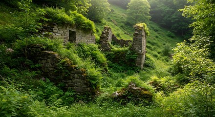 Ruined stone structure overgrown with vegetation