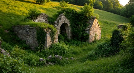 Ruined stone structures in green field