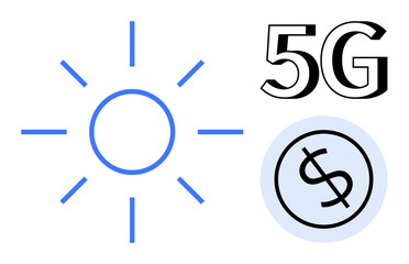 Obraz premium Sun icon, bold 5G text, dollar symbol in a circle. Ideal for technology, energy, finance, modern communication, innovation sustainability digital economy. Simple flat metaphor
