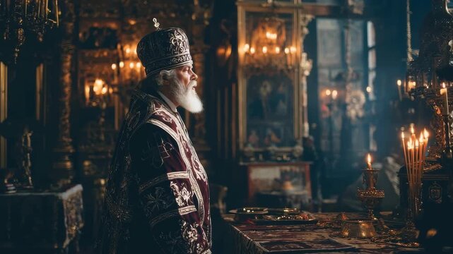 Orthodox priest standing before the altar in a dimly lit church, surrounded by candlelight and religious artifacts, during a solemn moment of reflection and prayer