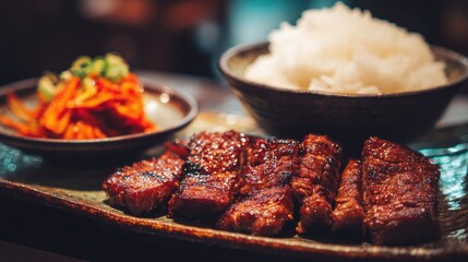 Grilled meat dishes with rice and side dish.