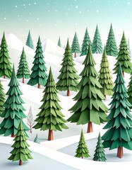 Obraz premium A whimsical winter forest scene, featuring stylized paper-cut trees on a snowy landscape. Soft pastel colors create a tranquil atmosphere