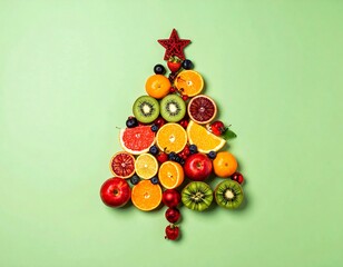 A vibrant Christmas tree formed from various fruits and berries against a light mint green background. A festive, healthy, and creative design