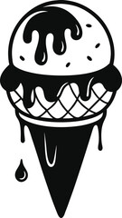 Classic black and white illustration of a melting ice cream cone with dripping chocolate sauce