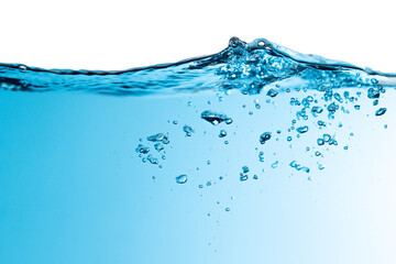 Splashing Water Wave. Air Bubbles Float Up in water. Pure Drinking Water, Oxygen Relaxation. Blue Water Textured on White Background.