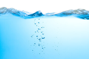 Clear Water Wave. Air Bubbles Float Up Underwater. Pure Drinking Water, Water Splashing. Blue Water Textured on White Background.	
