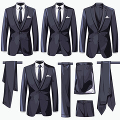 A collection of mens suits showcased in different styles and arrangements. Each suit features a jacket, shirt, tie, and trousers, providing options for formal occasions.