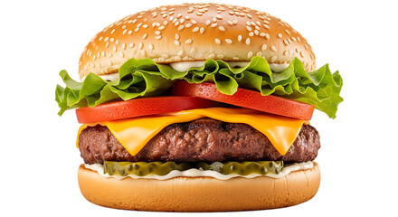 Gourmet cheeseburger with lettuce tomato and pickles Keywords: cheeseburger, burger, hamburger