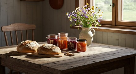 Rustic table setting with bread and jams