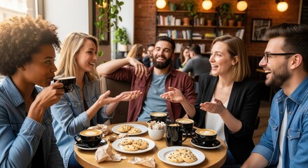 A group of five people sitting at a table in a cafe, enjoying coffee and conversation.
