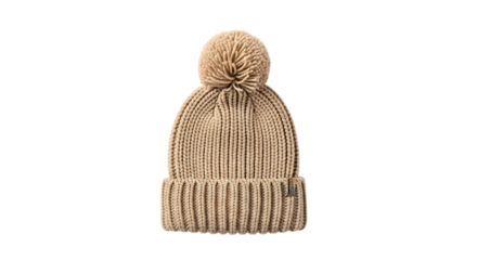 Knitted beige beanie hat with a pompom on top wool