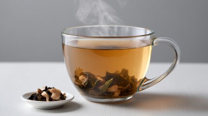 Clear glass cup filled with steaming herbal tea on white background with copy space, closeup, eyelevel, soothing warm tones, inviting and fresh