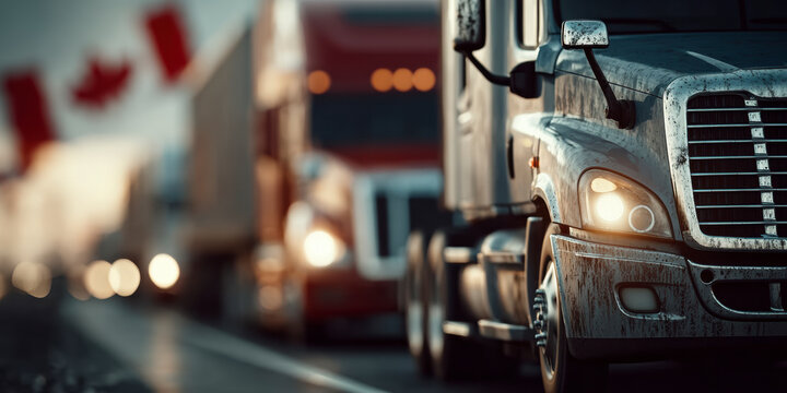 Busy trucking scene on a highway with blurred vehicles and flags waving in the background during sunset