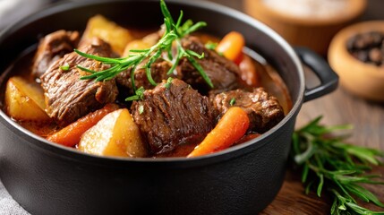 Fototapeta premium stew close up, tender meat with carrots and potatoes, painted in oil on canvas, rich brush strokes, textured background, warm rustic colors