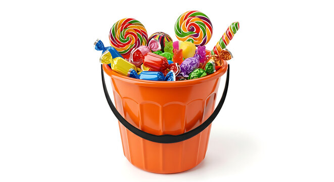 Full bucket of colorful Halloween candy with lollipops and treats isolated on white background