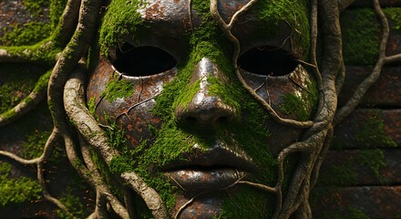 Rusty mask covered in vines
