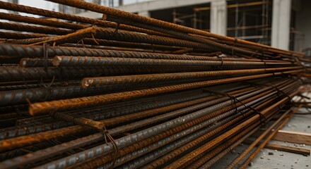 Rusty rebar stacked for construction