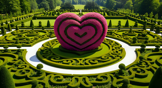 Aerial view of a formal garden with a large heart shaped bush in the center of the design layout