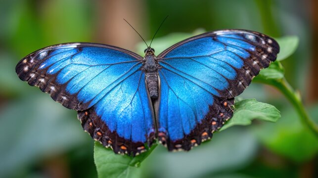 blue morpho butterfly close up, iridescent blue wings, tropical forest background, realistic macro style