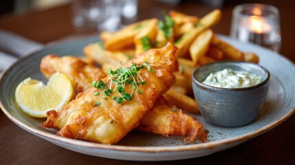 british fish and chips close up, golden fried fish, crispy fries, tartar sauce, rustic plate, fine dining presentation