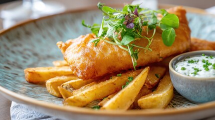 british fish and chips close up, golden fried fish, crispy fries, tartar sauce, rustic plate, fine dining presentation