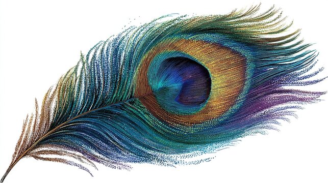 A vibrant peacock feather, showcasing iridescent blues, greens, golds, and purples in its eye and graduating to deeper hues along its barbules. Isolated on white