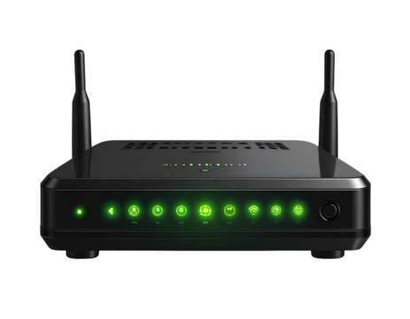  Modern Black Wireless Router with Green Connection Indicators, isolated on transparent background PNG - Powered by Adobe