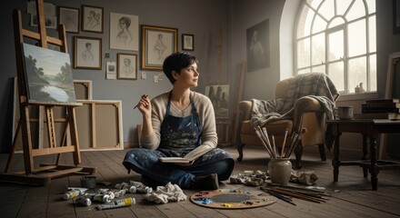 A young woman sitting cross-legged on the floor in a cozy, well-lit room, surrounded by various art supplies and framed pictures.