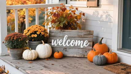 Autumn front porch decorated with pumpkins, mums, and a welcome sign
