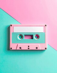 Retro Pink and Teal Cassette Tape on a Pink and Teal Background.