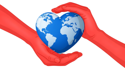 Red Hands Holding a Heart- Shaped Earth Globe graphic