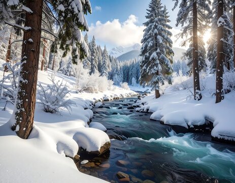 Winter wonderland stream meandering through snowy forest