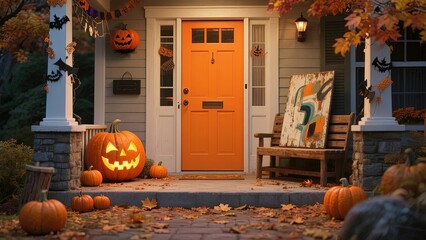 A front porch decorated for Halloween with pumpkins, jack-o'-lanterns, and autumn leaves on a house with an orange door.