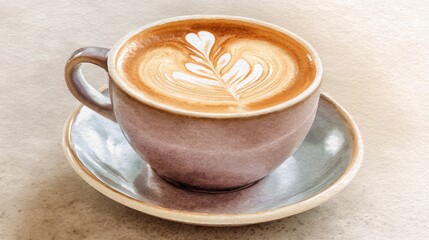 Fototapeta premium cup of cappuccino close up, watercolor style, frothy milk foam with latte art, rustic ceramic cup, soft warm tones