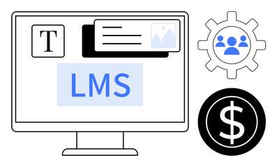 Computer screen with LMS text, templates, user settings gear, team icon, and dollar sign highlights online education management. Ideal for e-learning, training, user engagement, content creation