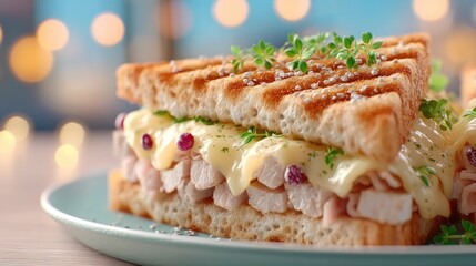 Close Up of a Golden Toasted Club Sandwich on Blue Plate with Melted Cheese and Chicken Under Bright Studio Lighting