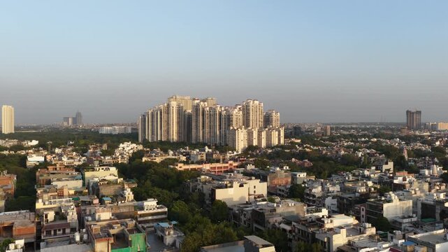 drone view of society flats in middle of Delhi 4k footage cinematic view of residential apartment buildings