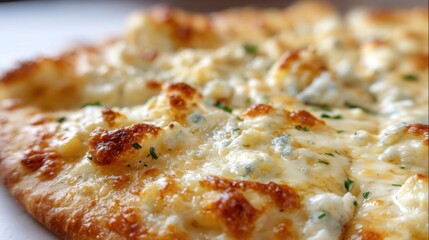four cheese pizza close up, mozzarella, parmesan, gorgonzola, ricotta, melted cheese texture, elegant restaurant style