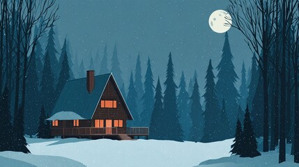 A-frame cabin in winter landscape, lit windows under moonlight, snow falling