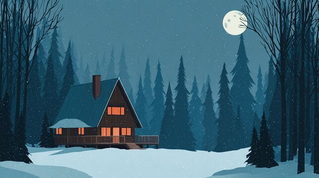 A-frame cabin in winter landscape, lit windows under moonlight, snow falling