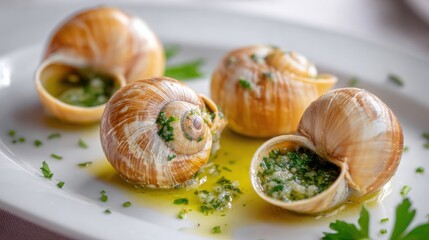 french escargot close up, snails in garlic butter, elegant shell, fine dining restaurant plating