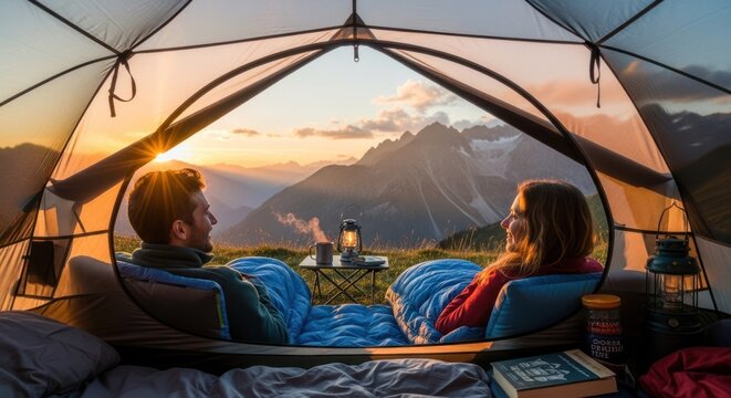 A couple in a tent, enjoying a sunset view of mountains and a campfire.