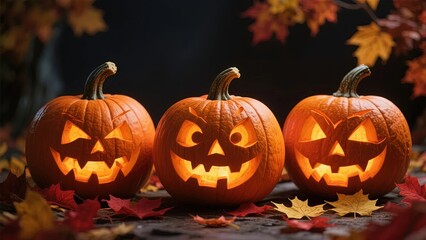 Three carved Halloween pumpkins with glowing faces surrounded by autumn leaves