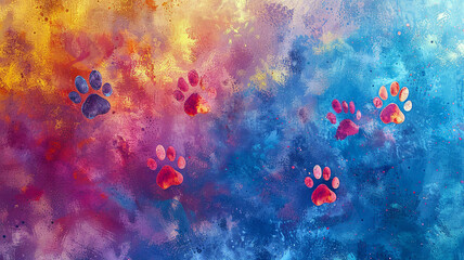 Colorful paw prints abstract pink blue background